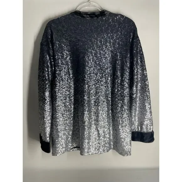 Johnny Was Black Silver Ombre Full Sequin Long Sleeve Button Down Blouse Medium - Picture 6 of 6